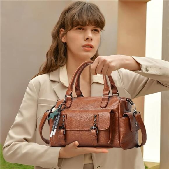 Retro Handbag with Pendant Satchel Camel - Picture 2 of 7